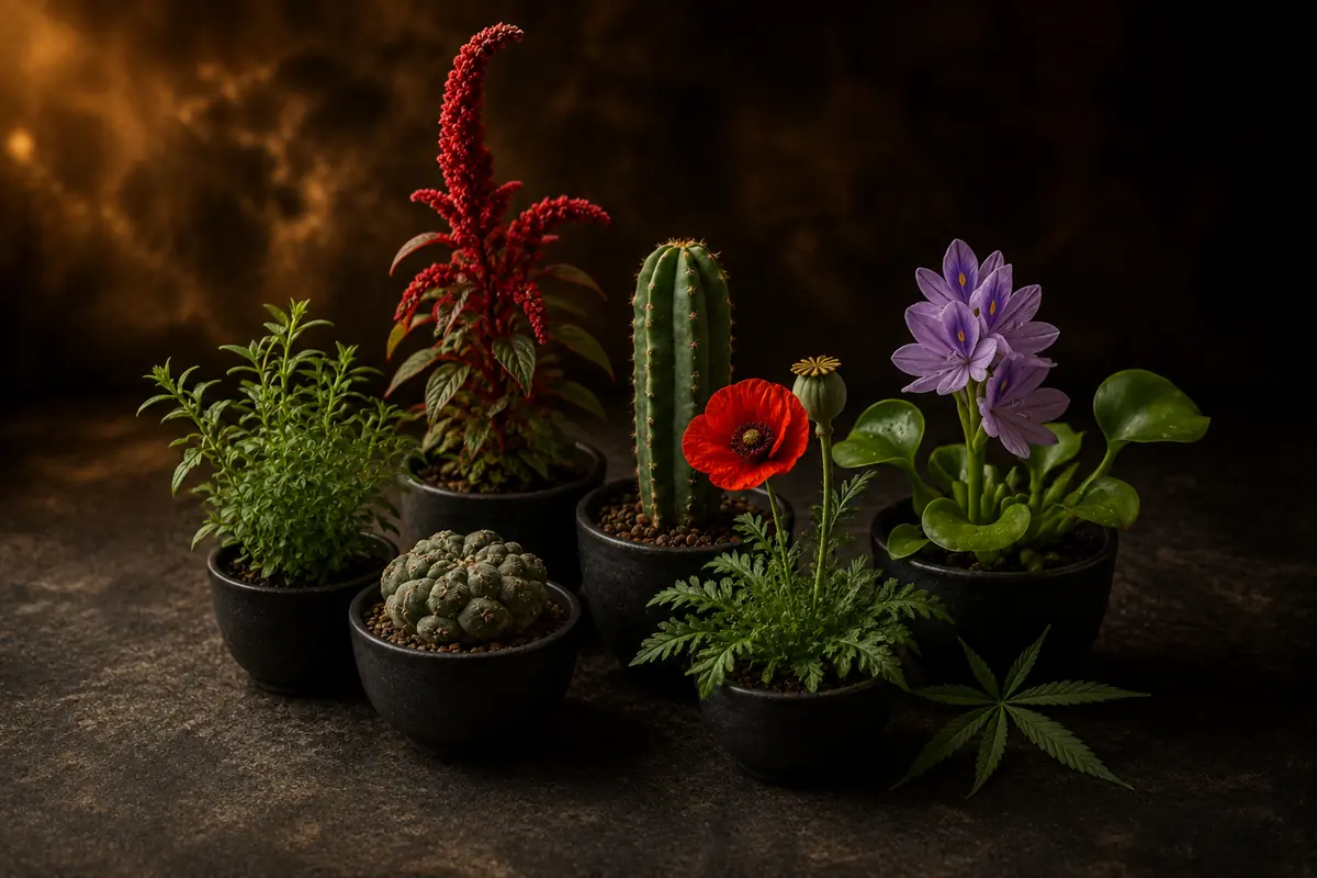 Ungewöhnliche Pflanzen mit Amaranth, Kakteen, Mohn und Wasserhyazinthe in dunklen Töpfen