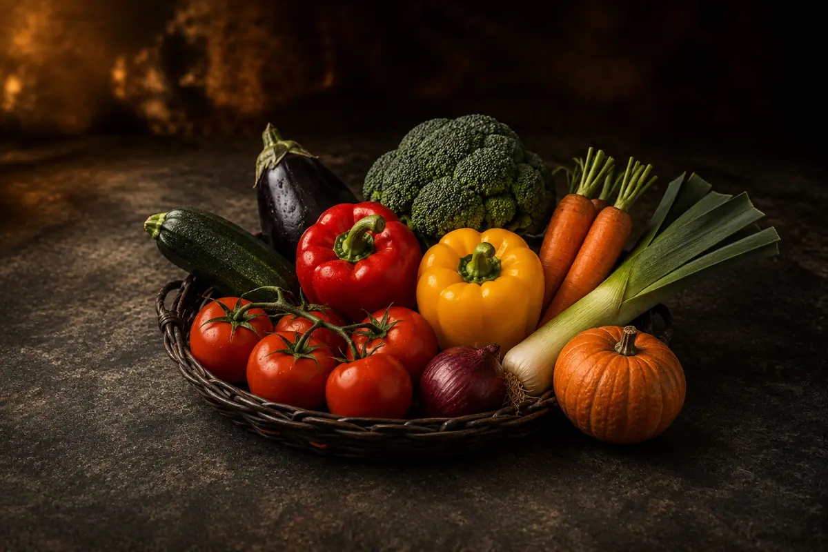 Rustikaler Korb mit Tomaten, Paprika, Brokkoli, Möhren, Zucchini, Aubergine, Lauch und Kürbis