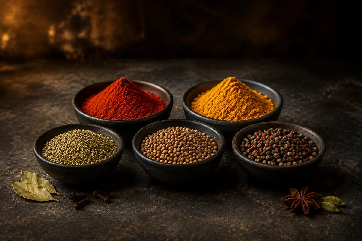 Fünf dunkle Schalen mit Paprika, Kurkuma, Oregano, Koriander und verschiedenen Pfeffersorten