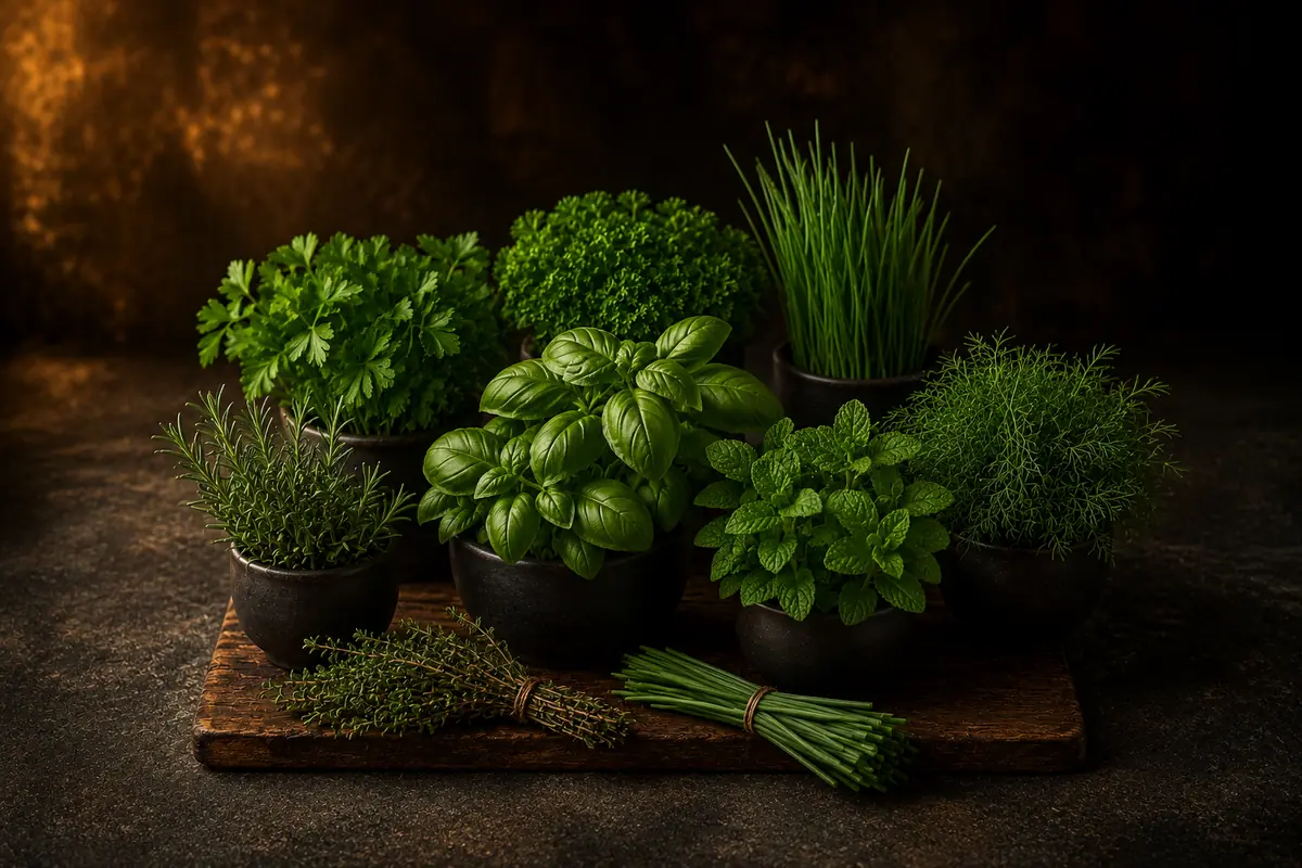 Frische Kräuter wie Basilikum, Petersilie, Schnittlauch, Rosmarin, Minze und Dill in dunklen Töpfen