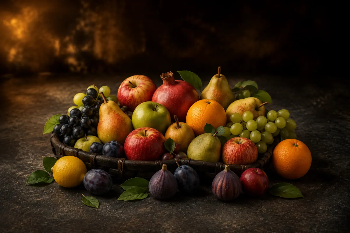 Rustikaler Korb mit Äpfeln, Birnen, Trauben, Orangen, Zitronen, Pflaumen, Feigen und Granatapfel