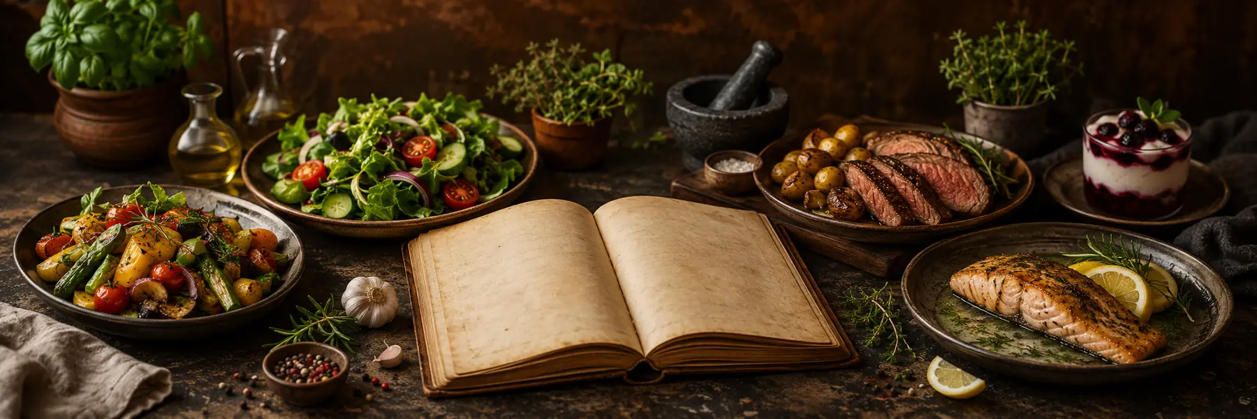 Aufgeschlagenes Rezeptbuch mit Gemüse-, Fisch- und Fleischgerichten, Salat und Dessert