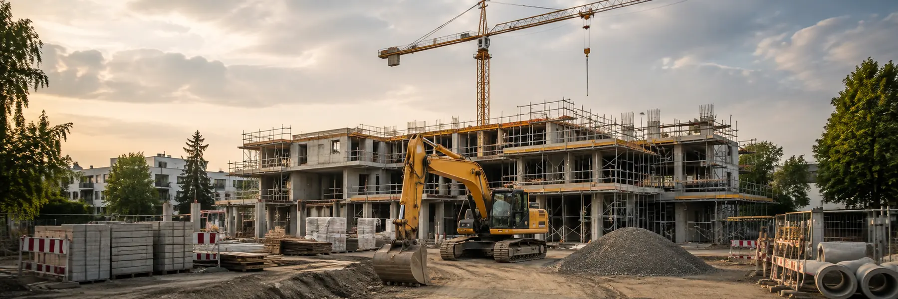 Baustelle mit Rohbau, Baukran, Bagger und Baumaterialien